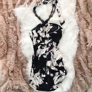 Black and White Floral Beaded Halter Mini Dress